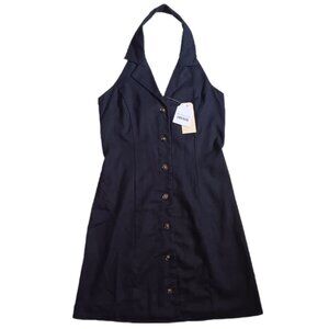 Monteau Womens XS Halter Dress Black Linen Blend Button Down Ladies XS
